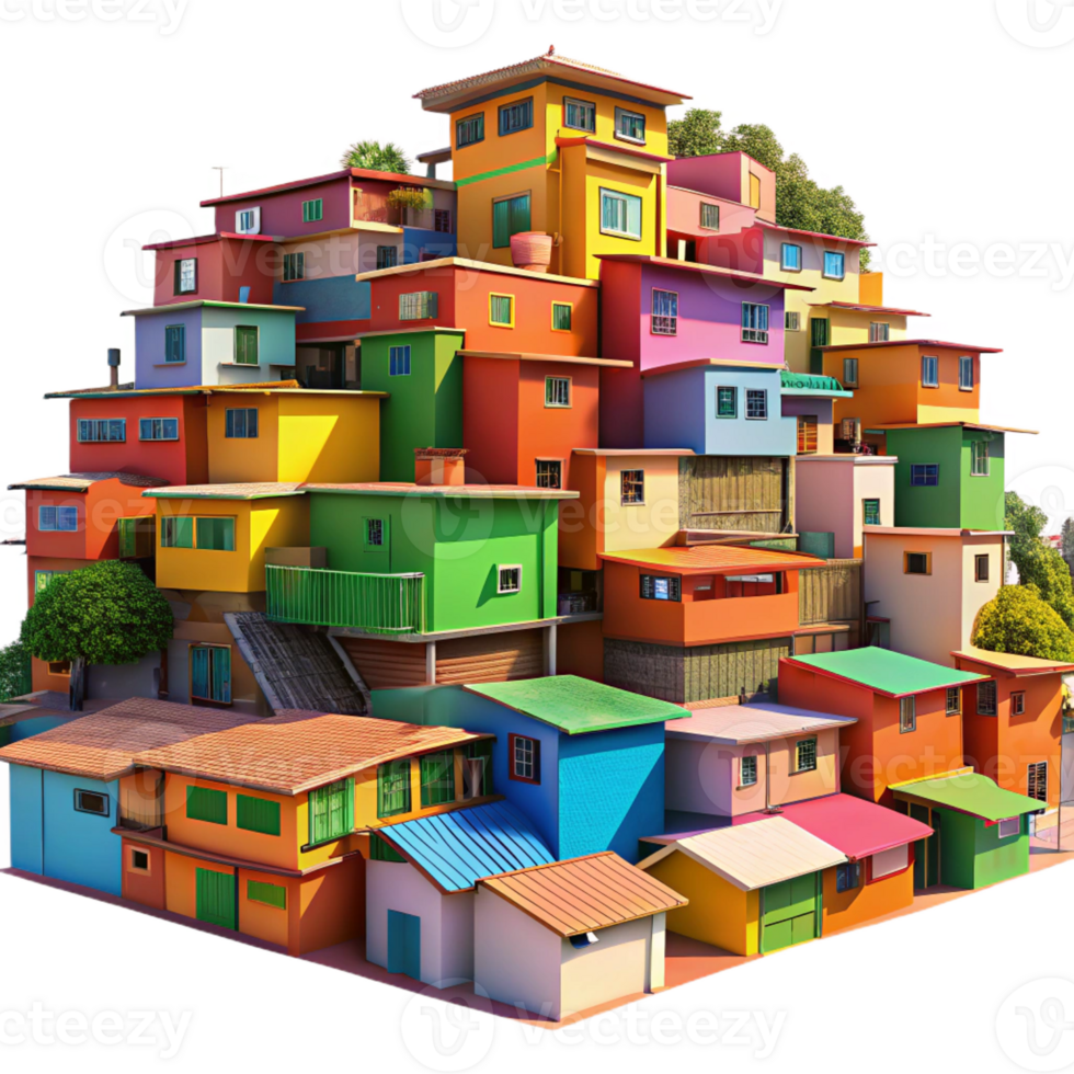 extraordinary modern A colorful favela built on a hillside, vibrant paint and corrugated metal, bright sunlight, rendered in a realistic, documentary style 4K png