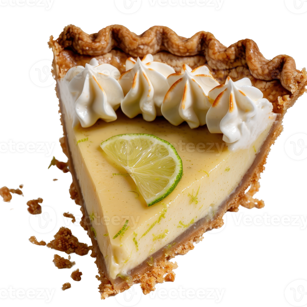 Delicious slice of creamy lime pie with meringue topping and graham cracker crust on white background png