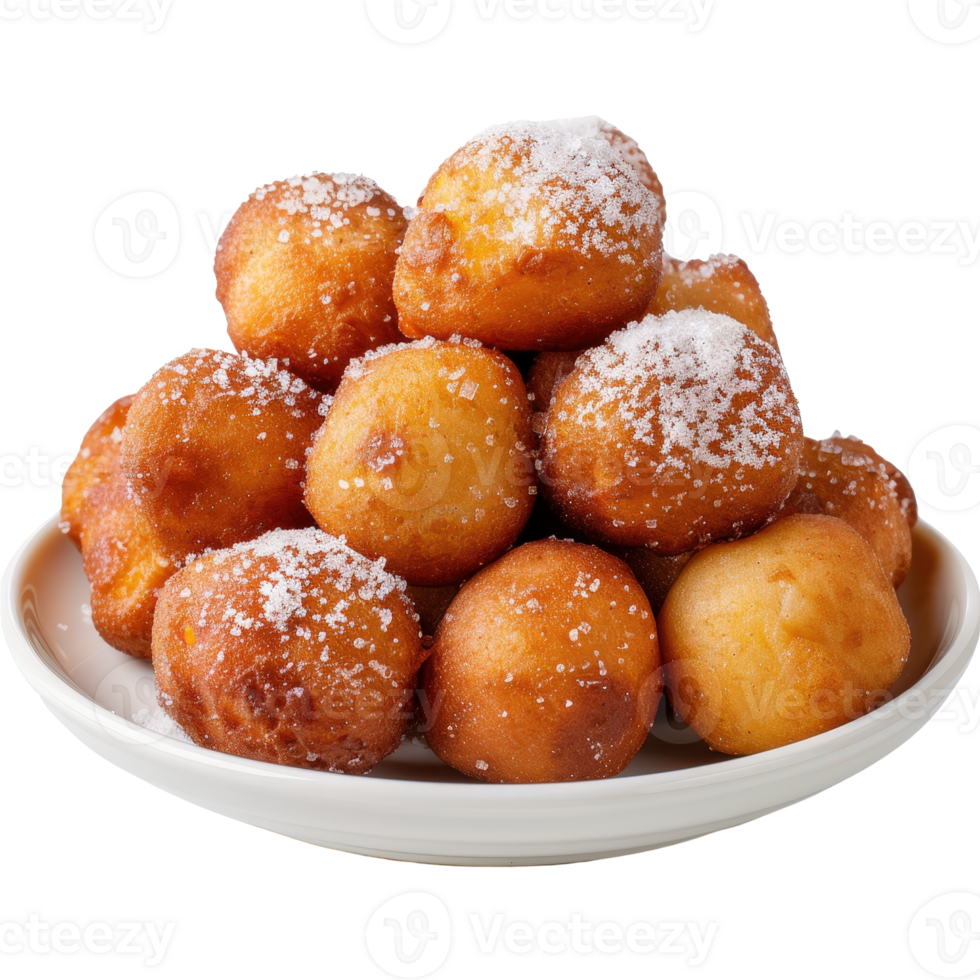 Delicious Golden Fried Dough Balls with Sugar Dusting Served on a White Plate png
