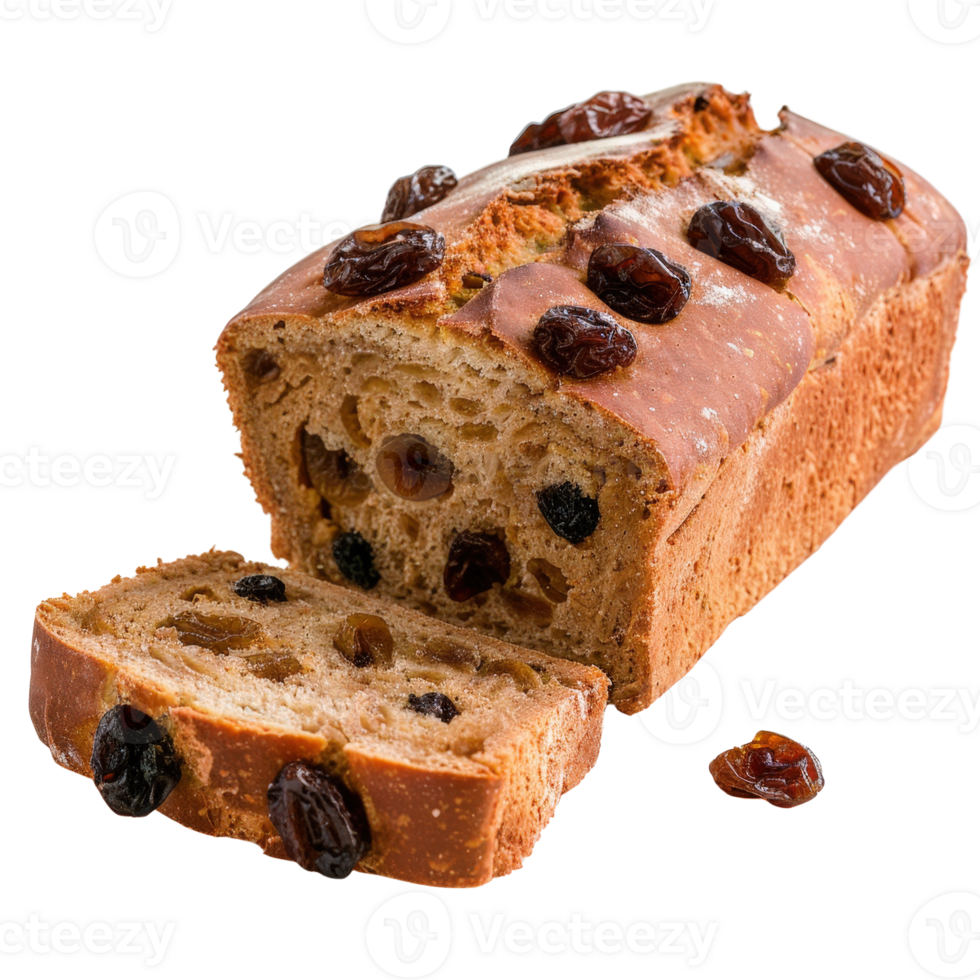 Freshly Baked Raisin Bread Loaf on White Background with Sliced Piece Showing Interior Texture png