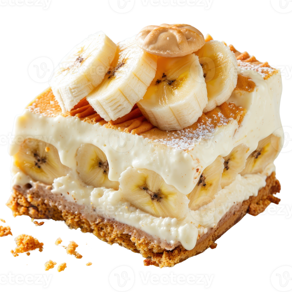 Delicious Layered Banana Cream Dessert with Crushed Crust and Sliced Bananas on Top png