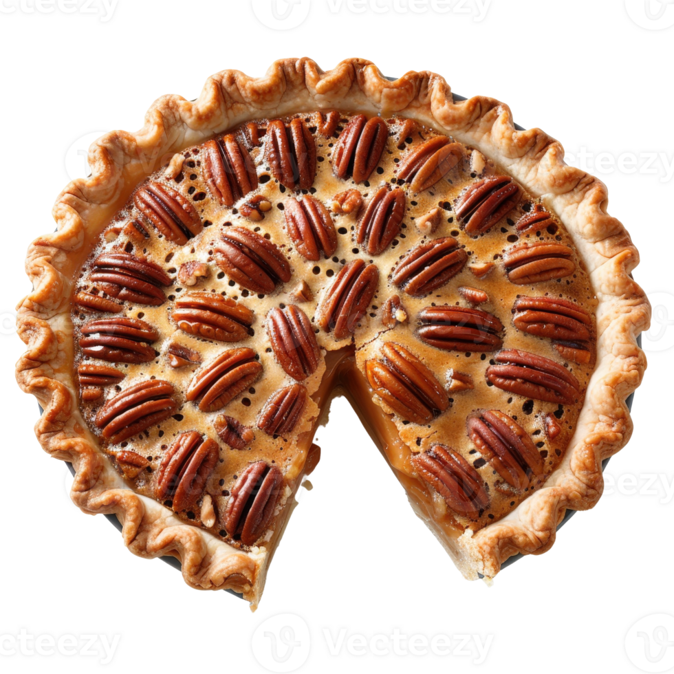 Delicious Pecan Pie with Golden Crust and Sliced Portion on White Background png