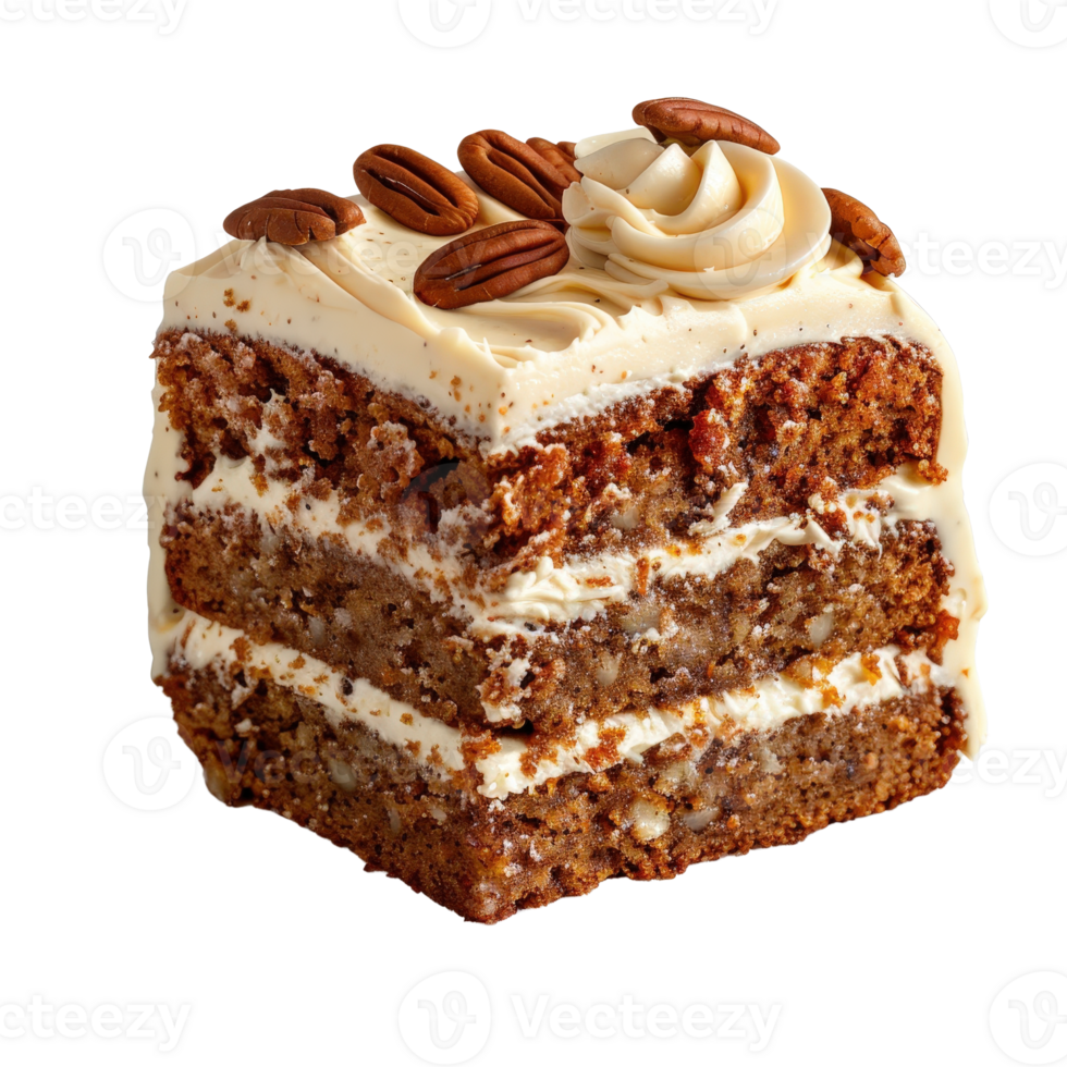 Delicious Carrot Cake Slice with Cream Cheese Frosting and Pecans on Top png