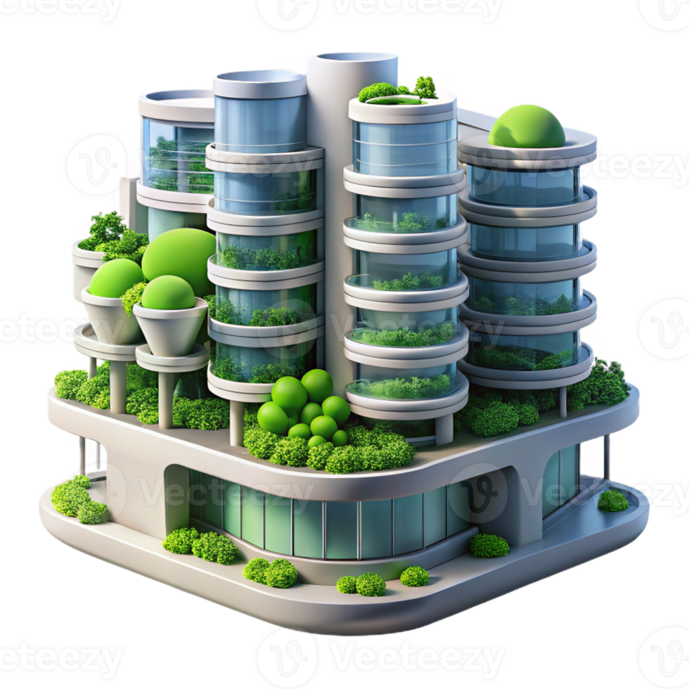stunning creative A futuristic apartment complex with vertical gardens, lush greenery and sleek glass, soft, diffused natural light, rendered in a utopian style original png