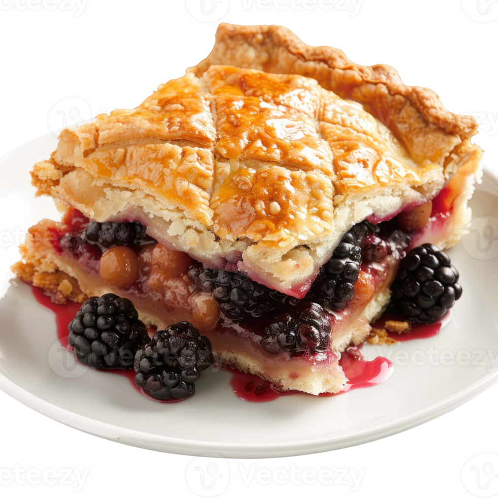 Delicious homemade berry pie with golden crust and fresh blackberries on a white plate png