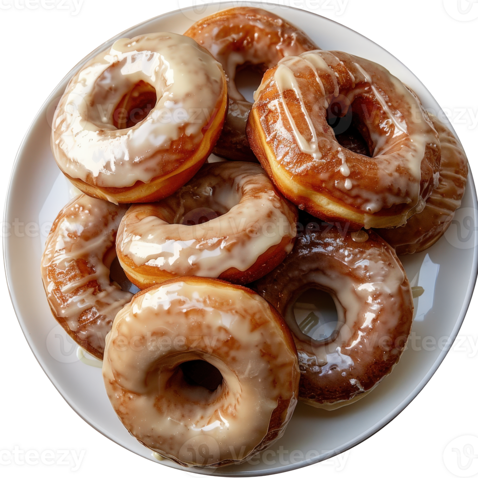 Freshly Glazed Donuts on White Plate Close-Up with Soft Light and Delicious Texture png