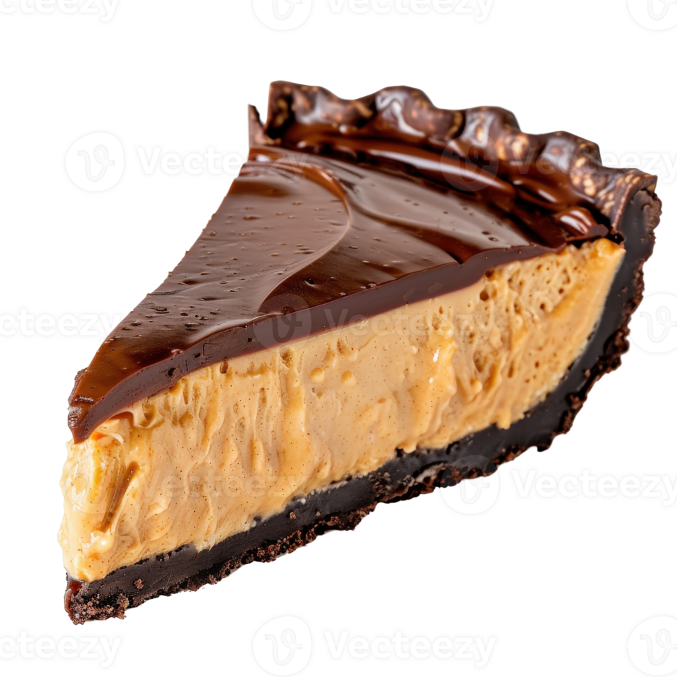 Delicious Chocolate Glazed Peanut Butter Cream Pie Slice on White Background for Food Photography png