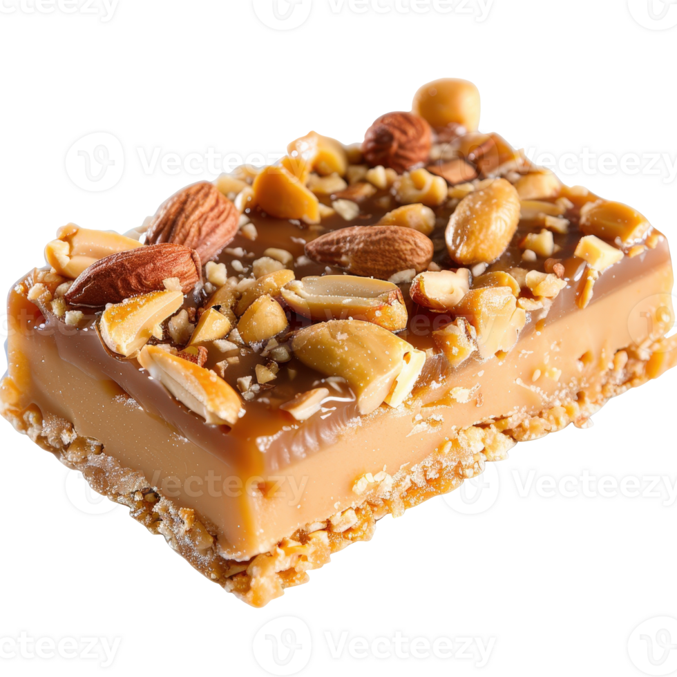 Delicious caramel candy bar topped with almonds and peanuts for dessert lovers and confectionery fans png