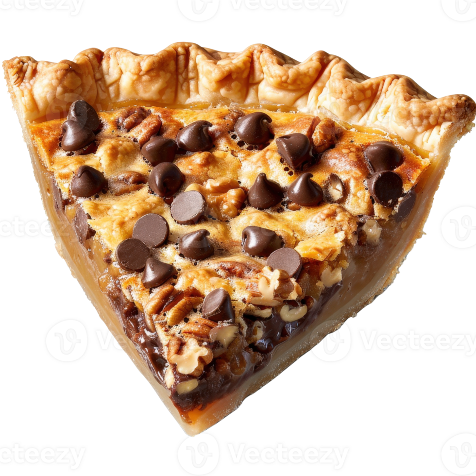 Delicious Chocolate Pecan Pie Slice with Luscious Filling and Crust on White Background png