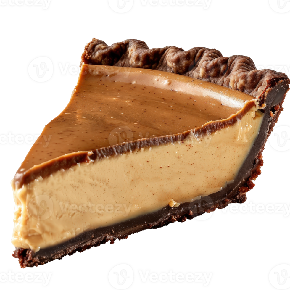 Delicious Slice of Chocolate Caramel Dessert with Rich Creamy Filling and Biscuit Crust png