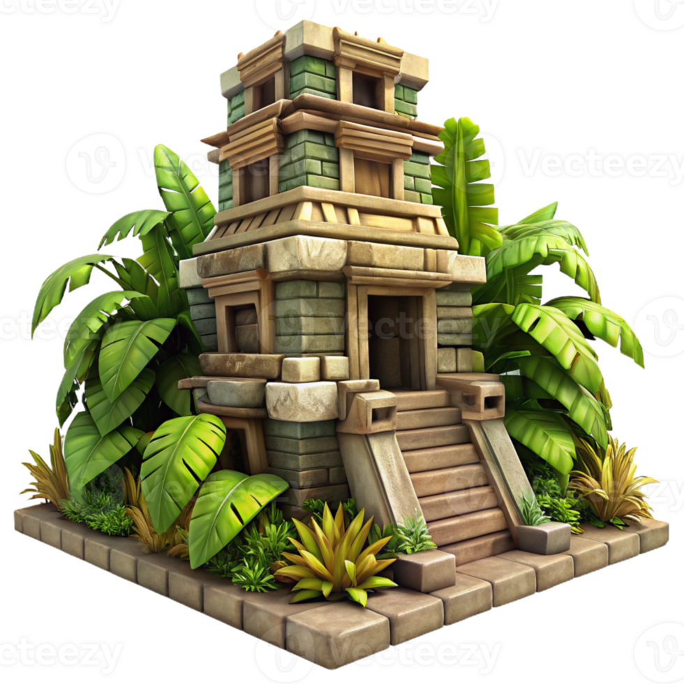 dramatic artistic An ancient Mayan temple, intricate stone carvings and overgrown vines, dappled jungle light, rendered in a historical, realistic style professional png