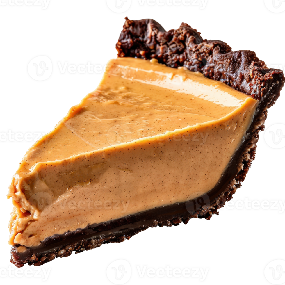 Delicious slice of chocolate peanut butter pie with smooth creamy filling and rich crust png