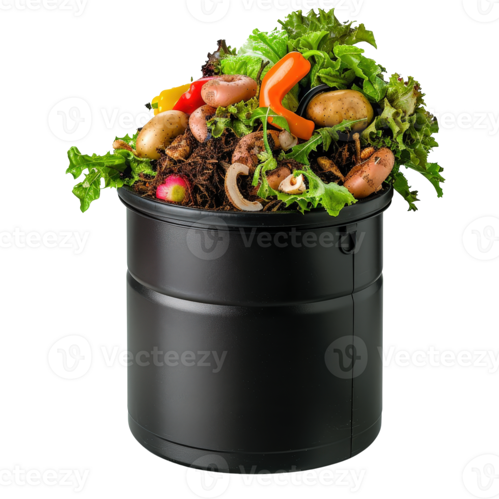 Fresh Vegetables and Leafy Greens in a Compost Bin on White Background for Sustainable Living png