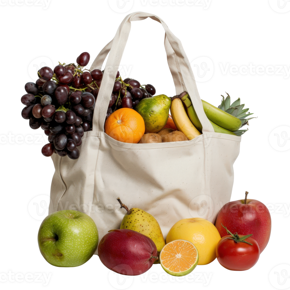 Fresh Mixed Fruits and Vegetables Displayed in a Reusable Tote Bag against a White Background png