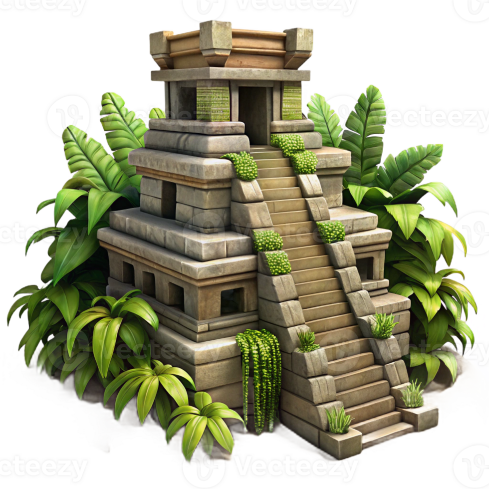 beautiful vintage An ancient Mayan temple, intricate stone carvings and overgrown vines, dappled jungle light, rendered in a historical, realistic style professional png