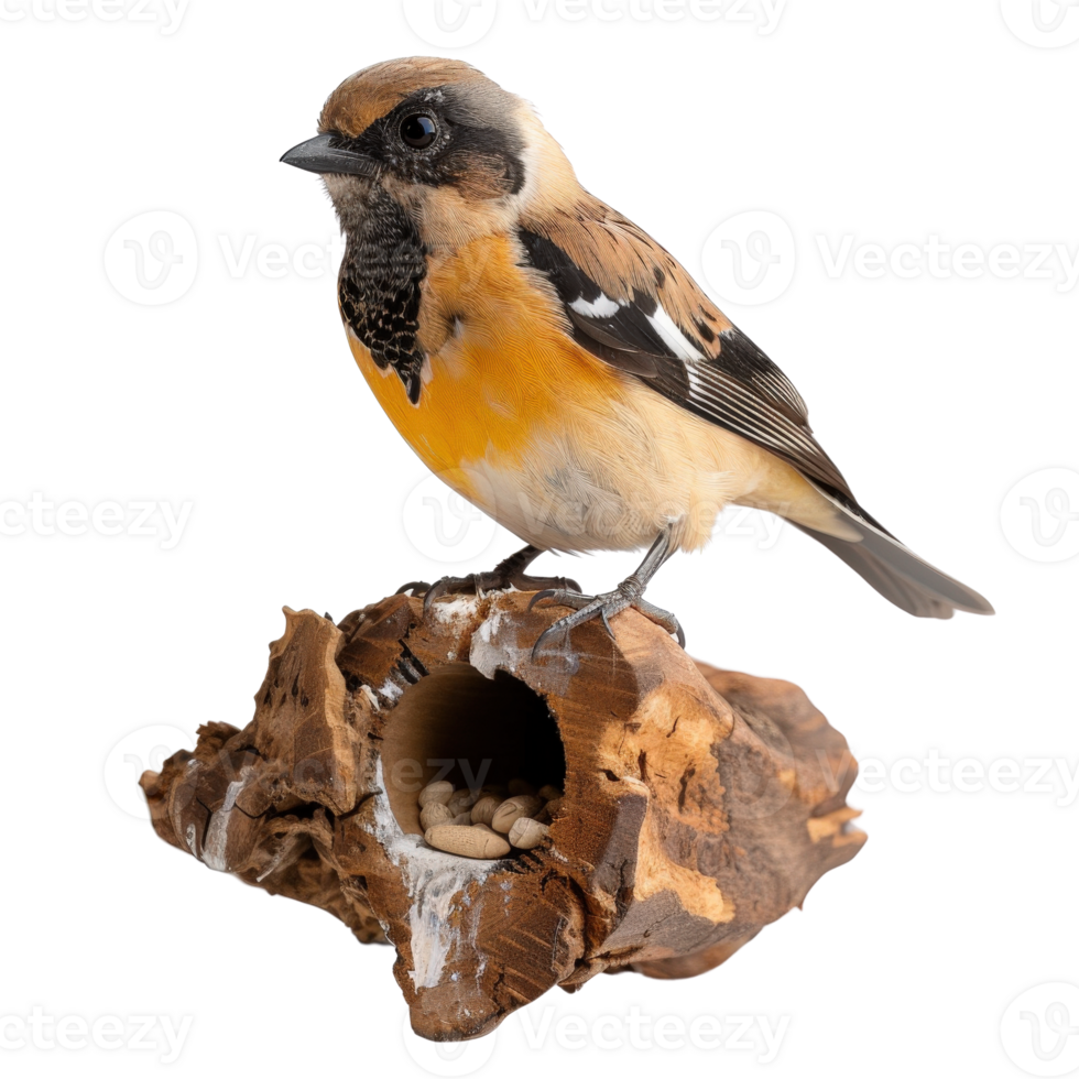 Colorful bird perched on a wooden log displaying vibrant plumage and curious expression png