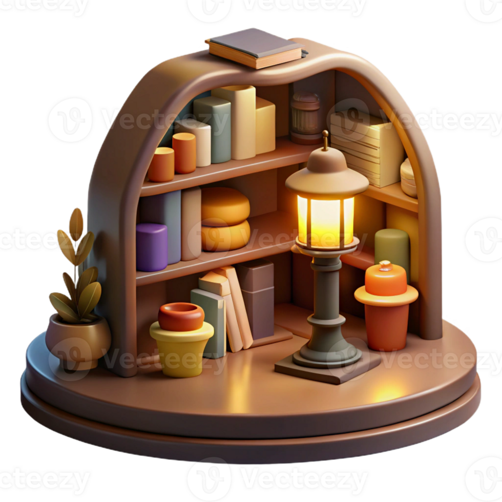 stunning minimalist A cozy bookstore filled with towering shelves, warm lamplight and scattered books, inviting, intimate lighting, rendered in a vintage style genuine png