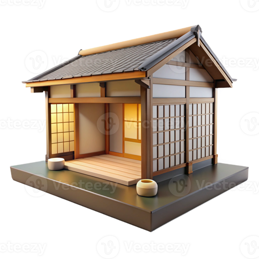 beautiful creative A traditional Japanese house with a tatami mat interior, shoji screens and simple furnishings, soft natural light, rendered in a minimalist style detailed png