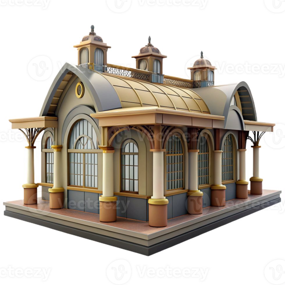 stunning traditional A bustling train station, grand arches and intricate ironwork, diffused daylight, rendered in a photorealistic, architectural style high resolution png