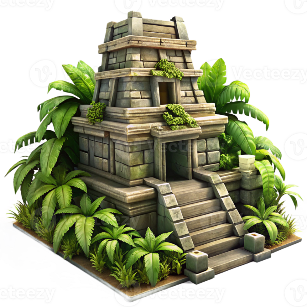 vibrant abstract An ancient Mayan temple, intricate stone carvings and overgrown vines, dappled jungle light, rendered in a historical, realistic style authentic png