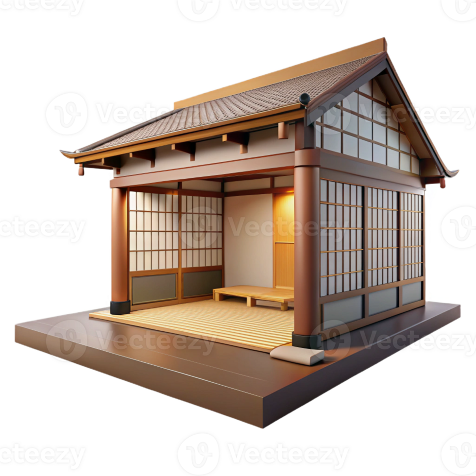 vibrant minimalist A traditional Japanese house with a tatami mat interior, shoji screens and simple furnishings, soft natural light, rendered in a minimalist style genuine png