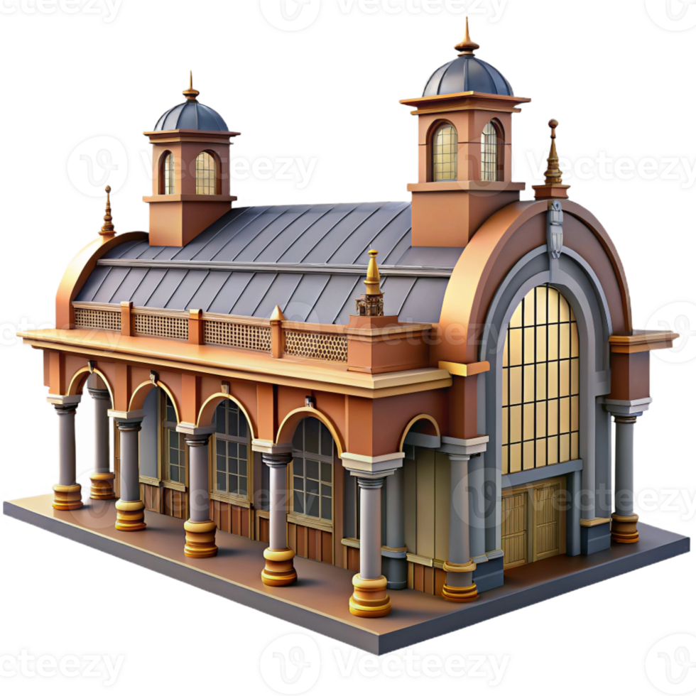 elegant rustic A bustling train station, grand arches and intricate ironwork, diffused daylight, rendered in a photorealistic, architectural style genuine png