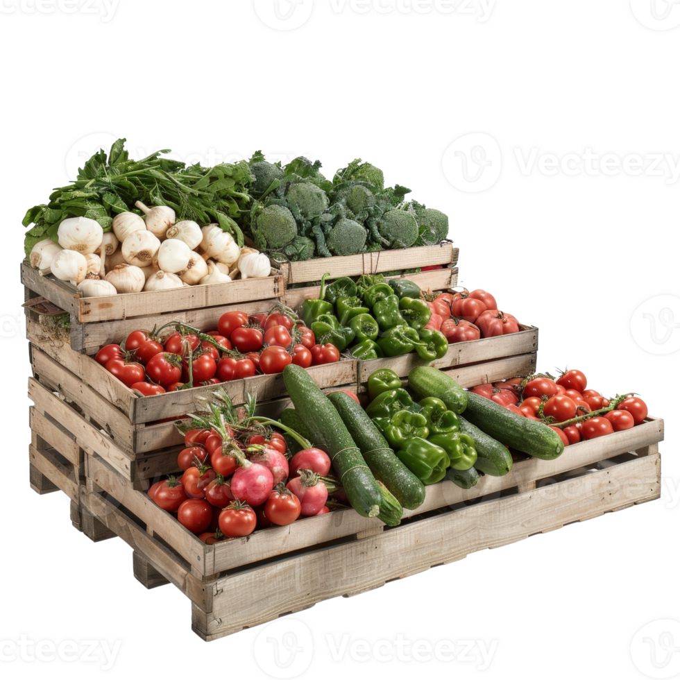 Fresh Organic Vegetables Displayed in Wooden Crates at a Local Farmers Market png
