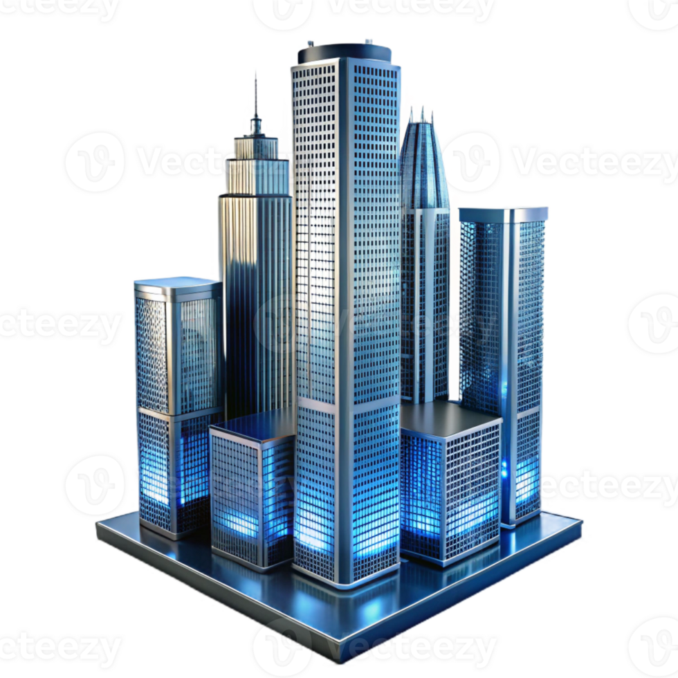 extraordinary modern A towering glass and steel skyscraper reflecting a cityscape, dynamic night lighting, rendered in a photorealistic style exclusive png