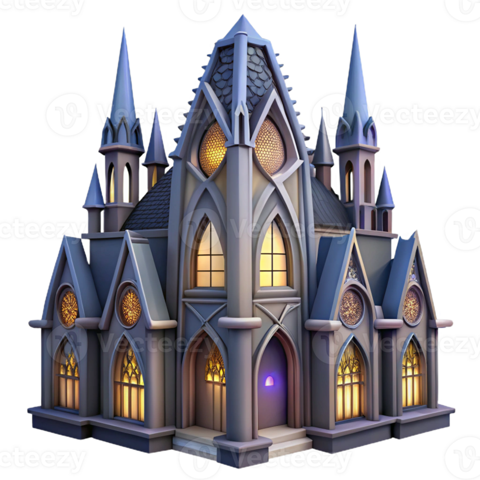 dramatic modern A towering gothic skyscraper, intricate gargoyles and stained glass windows, illuminated by a soft moonlight, art nouveau style authentic png