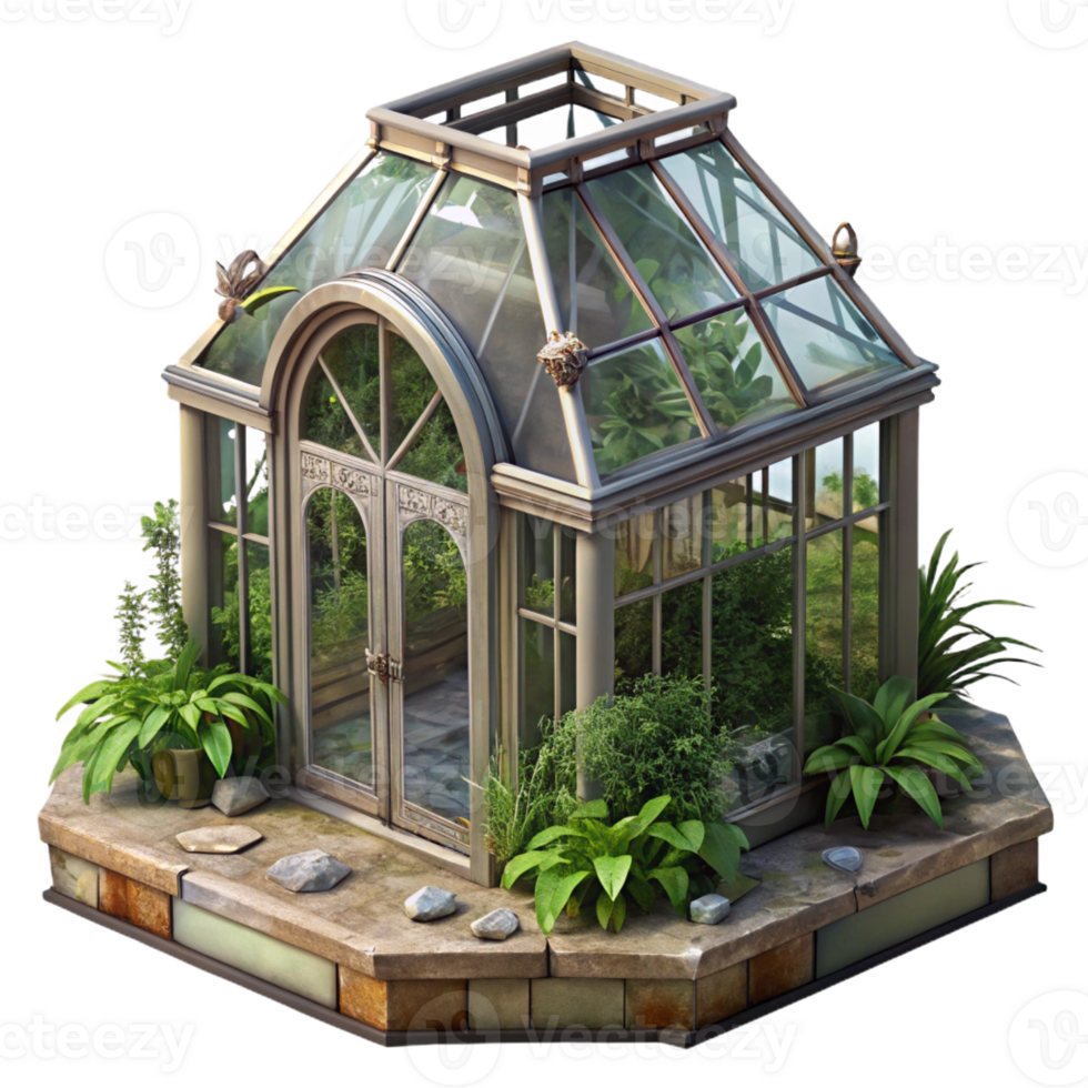 vibrant rustic A dilapidated Victorian greenhouse, overgrown plants and broken glass, soft, ethereal lighting, rendered in a romantic, decaying style premium png