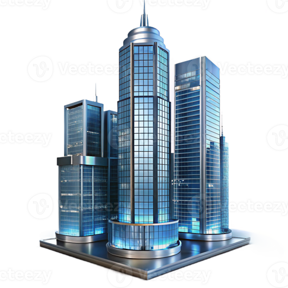 extraordinary contemporary A towering glass and steel skyscraper reflecting a cityscape, dynamic night lighting, rendered in a photorealistic style high quality png