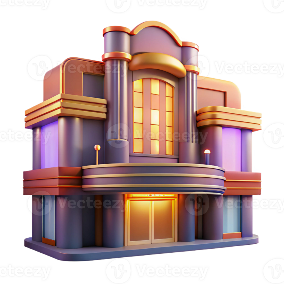 extraordinary minimalist An Art Deco cinema with geometric facade and neon signage, a warm, inviting glow emanates from within, cinematic lighting style original png