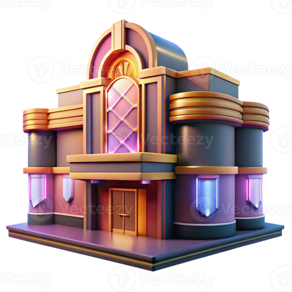 beautiful contemporary An Art Deco cinema with geometric facade and neon signage, a warm, inviting glow emanates from within, cinematic lighting style authentic png