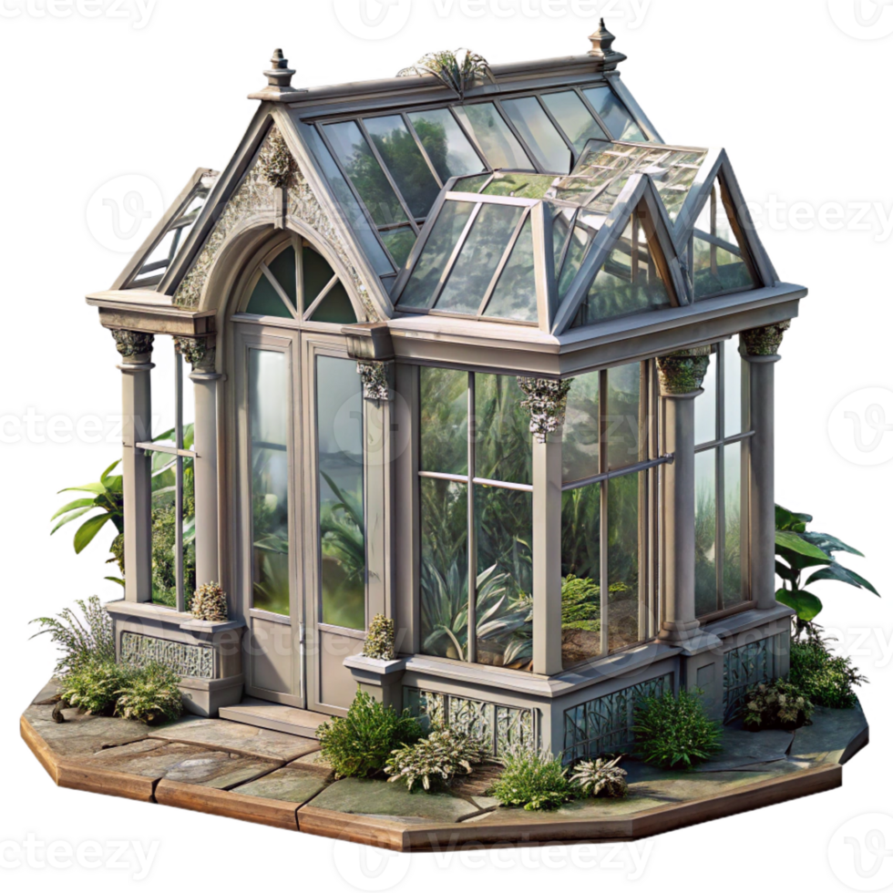 beautiful minimalist A dilapidated Victorian greenhouse, overgrown plants and broken glass, soft, ethereal lighting, rendered in a romantic, decaying style high quality png