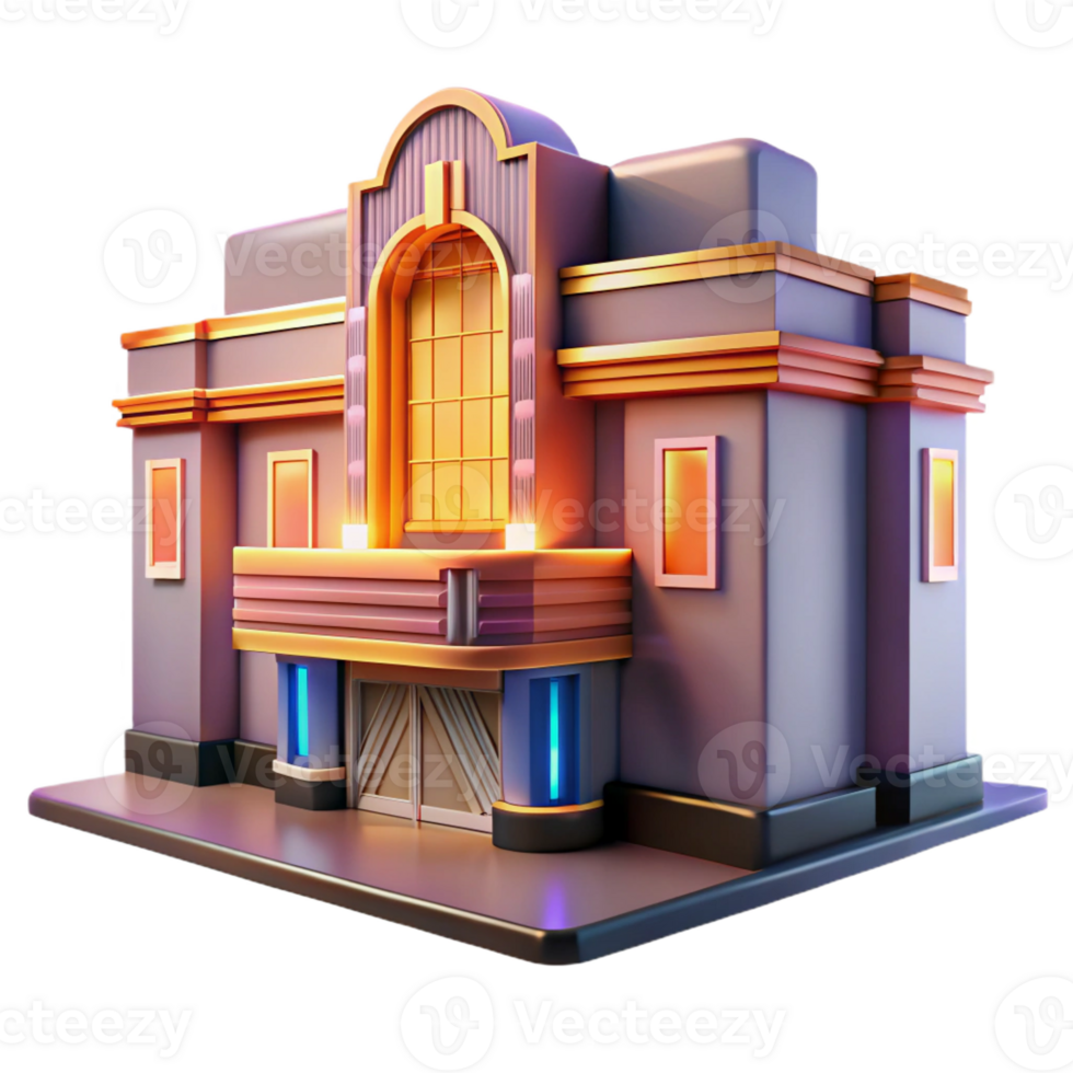 vibrant classic An Art Deco cinema with geometric facade and neon signage, a warm, inviting glow emanates from within, cinematic lighting style detailed png