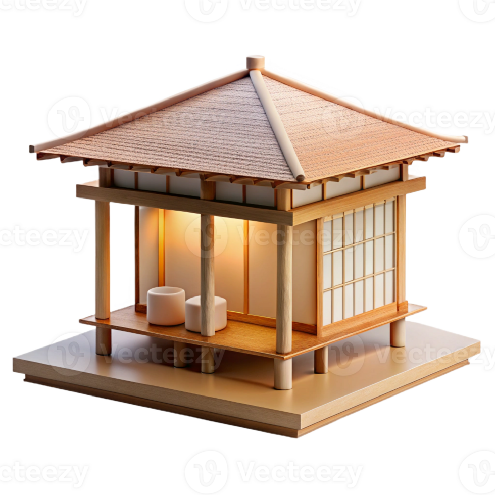 vibrant contemporary A minimalist Japanese tea house made of bamboo and rice paper, soft, diffused daylight, ukiyo-e style exclusive png