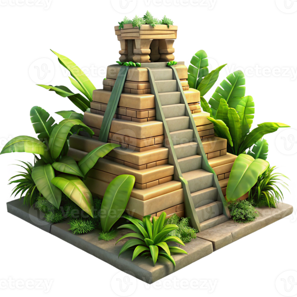 wonderful modern A crumbling Mayan pyramid overgrown with vibrant jungle foliage, dappled sunlight filters through the dense leaves, photorealistic style exclusive png