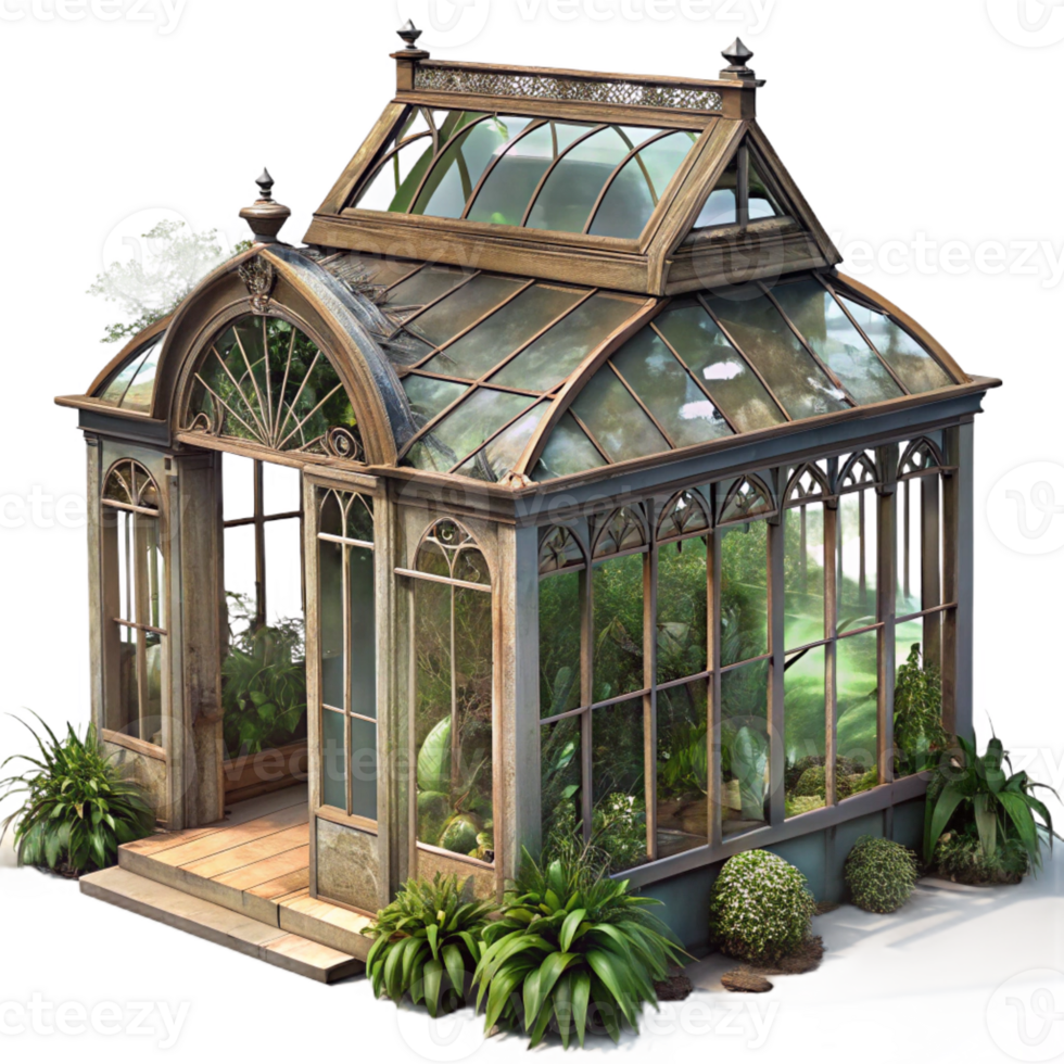 impressive contemporary A dilapidated Victorian greenhouse, overgrown plants and broken glass, soft, ethereal lighting, rendered in a romantic, decaying style authentic png