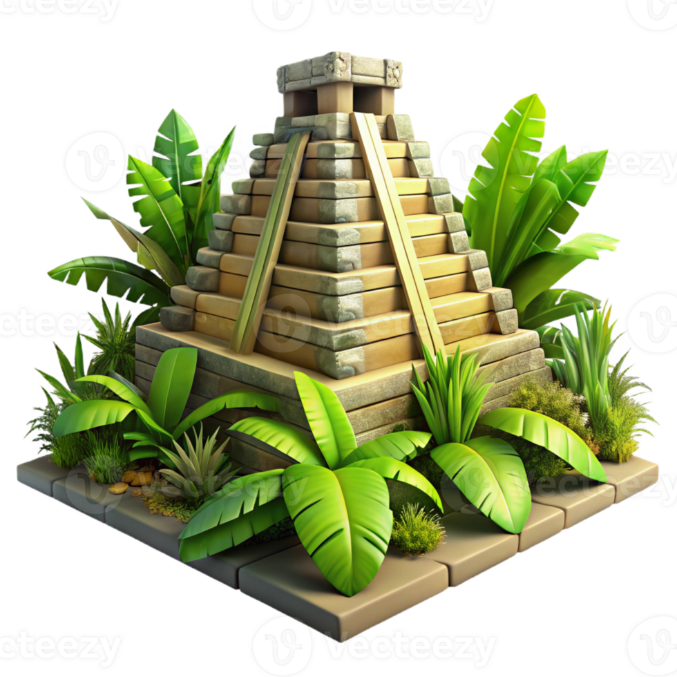 magnificent rustic A crumbling Mayan pyramid overgrown with vibrant jungle foliage, dappled sunlight filters through the dense leaves, photorealistic style detailed png