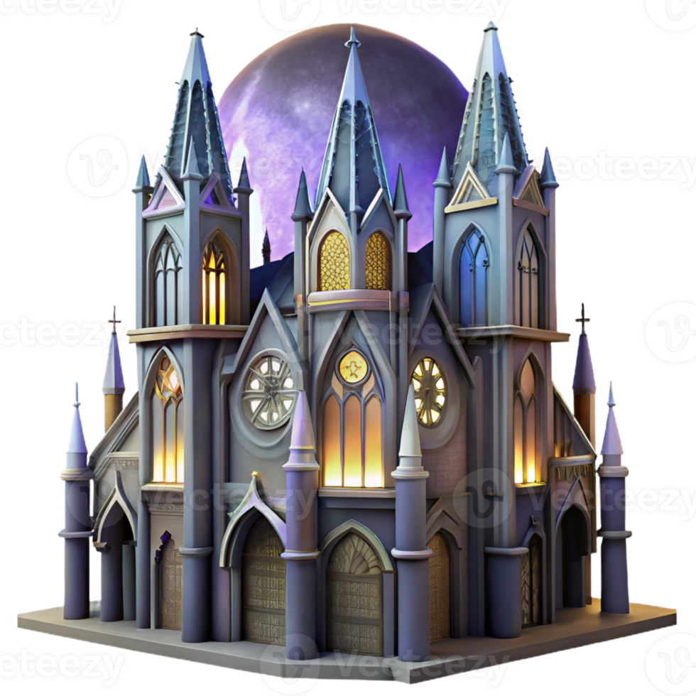 impressive artistic A towering gothic skyscraper, intricate gargoyles and stained glass windows, illuminated by a soft moonlight, art nouveau style detailed png