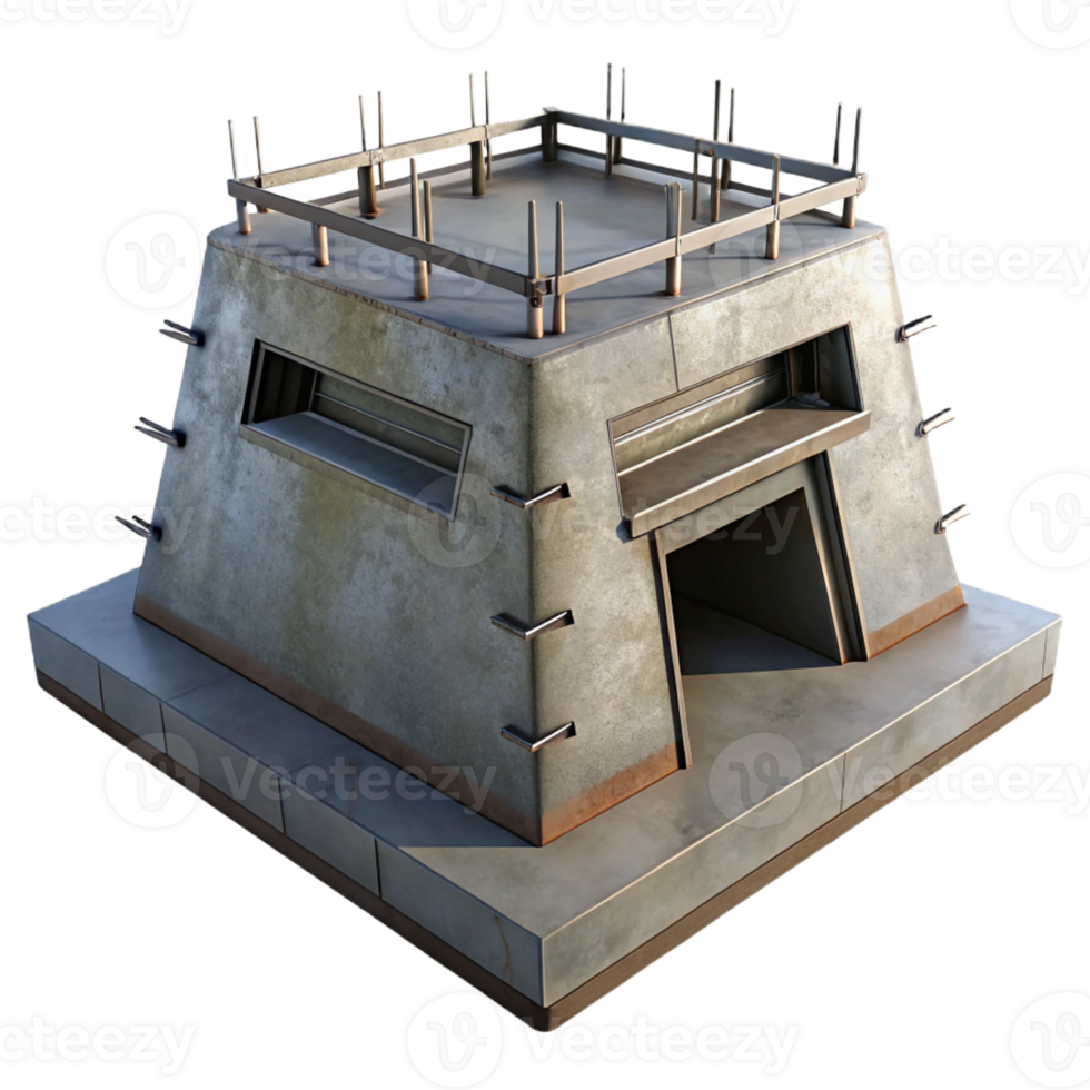 wonderful contemporary A Brutalist concrete bunker with sharp edges and exposed rebar, harsh, industrial lighting, dystopian style 4K png