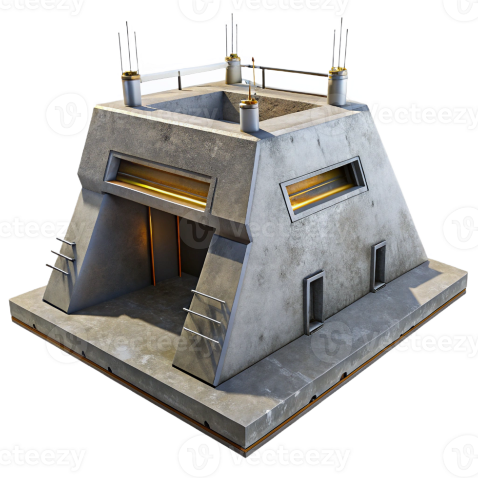 extraordinary creative A Brutalist concrete bunker with sharp edges and exposed rebar, harsh, industrial lighting, dystopian style detailed png