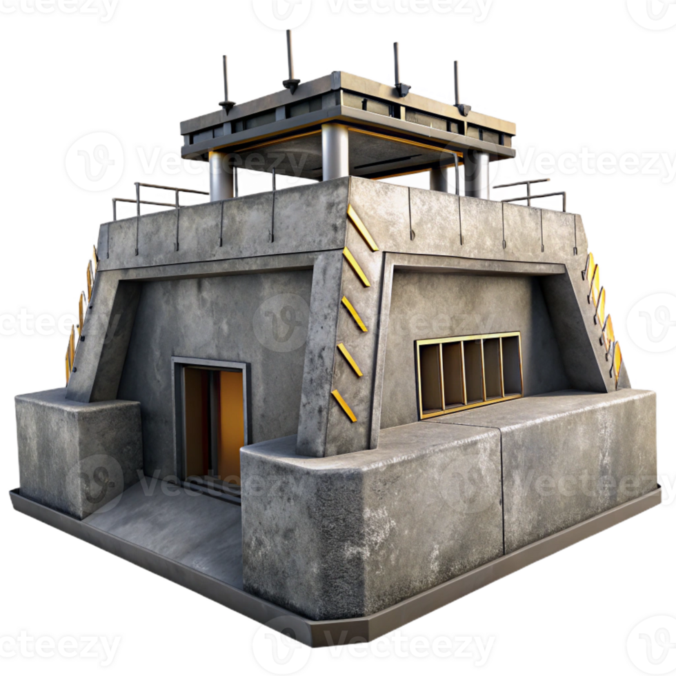 beautiful minimalist A Brutalist concrete bunker with sharp edges and exposed rebar, harsh, industrial lighting, dystopian style 4K png