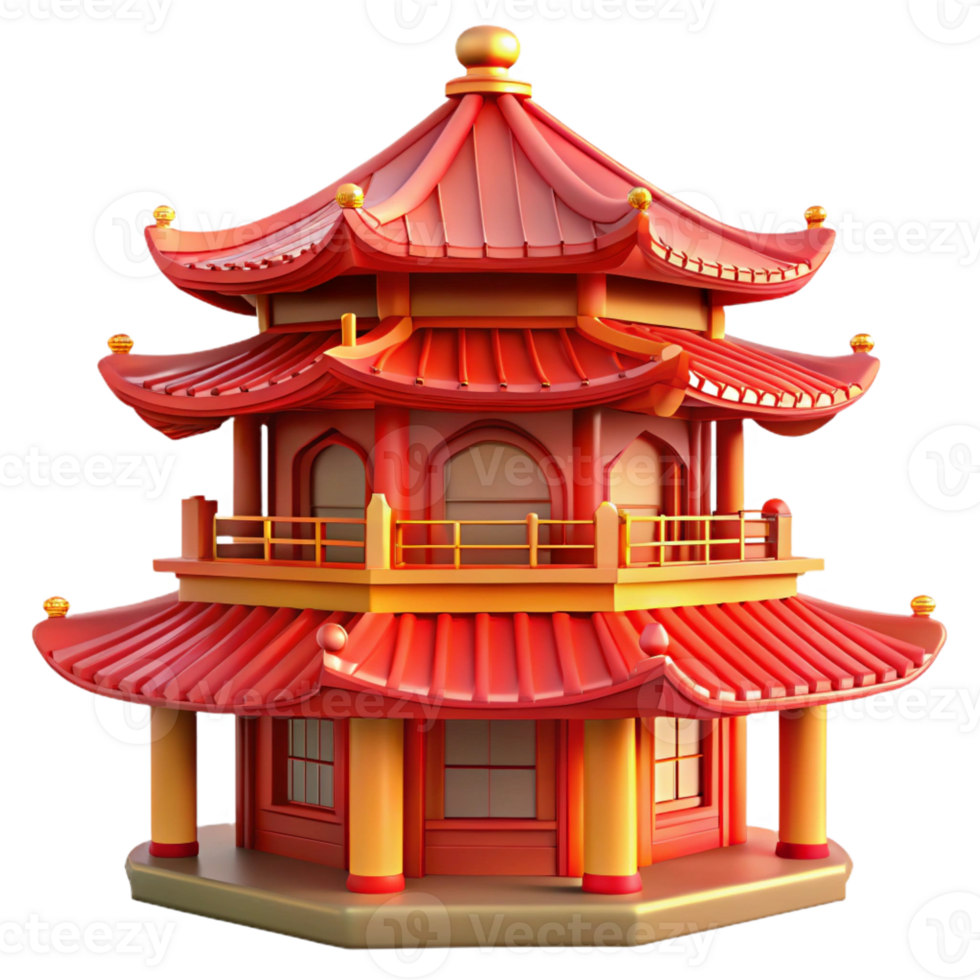 dramatic abstract A traditional Chinese pagoda with intricate carvings and vibrant red paint, warm, sunset lighting, oriental style exclusive png