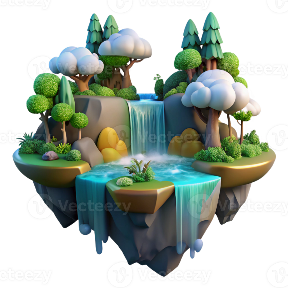 impressive artistic A floating island with cascading waterfalls and lush vegetation, vibrant, dreamlike lighting, surreal style 4K png
