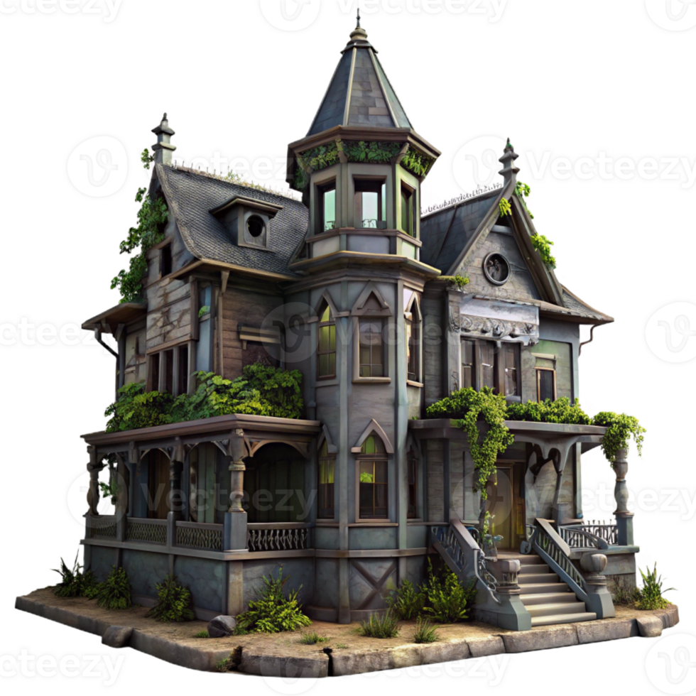 magnificent classic A dilapidated Victorian mansion with peeling paint and overgrown vines, eerie, atmospheric lighting, gothic horror style high resolution png