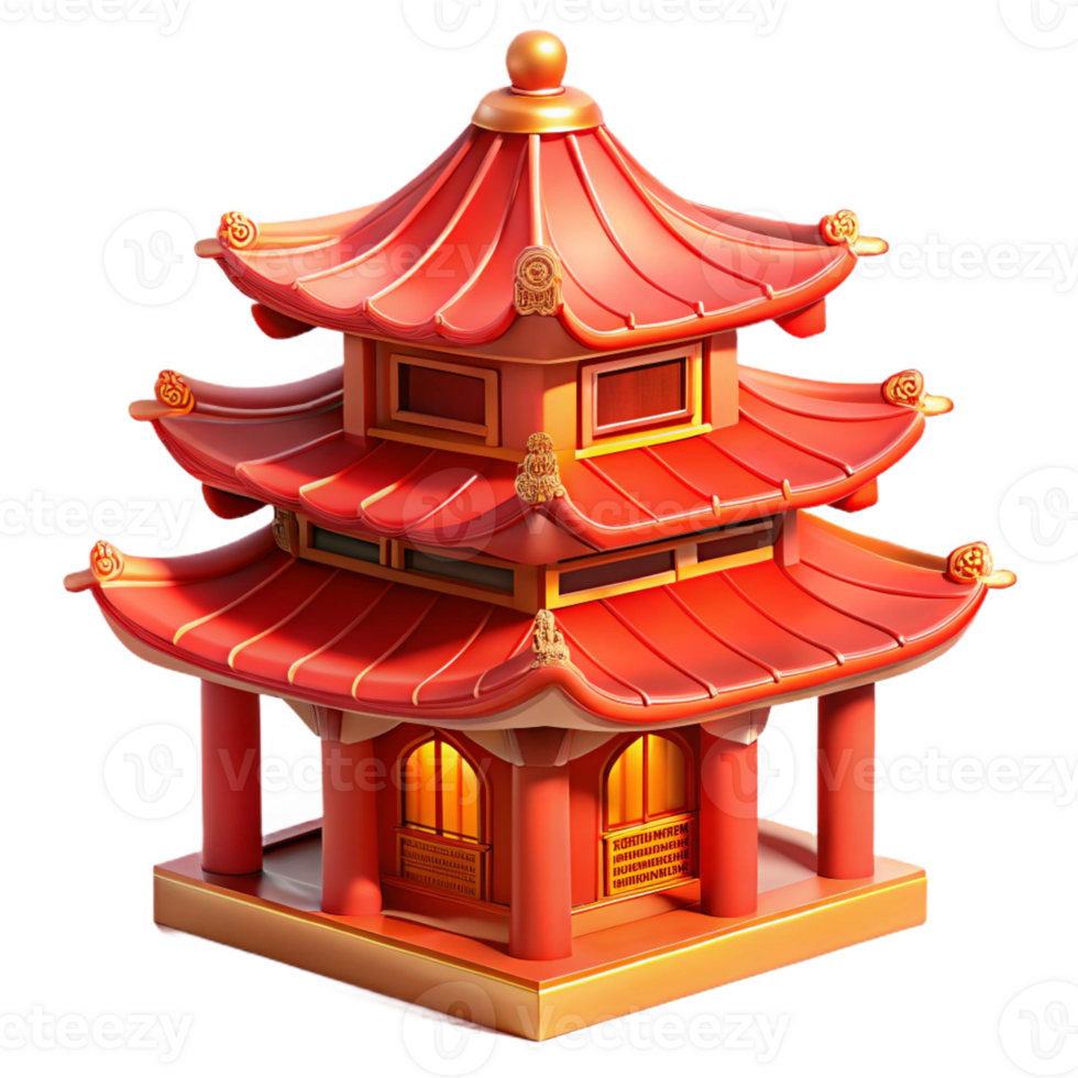vibrant contemporary A traditional Chinese pagoda with intricate carvings and vibrant red paint, warm, sunset lighting, oriental style original png