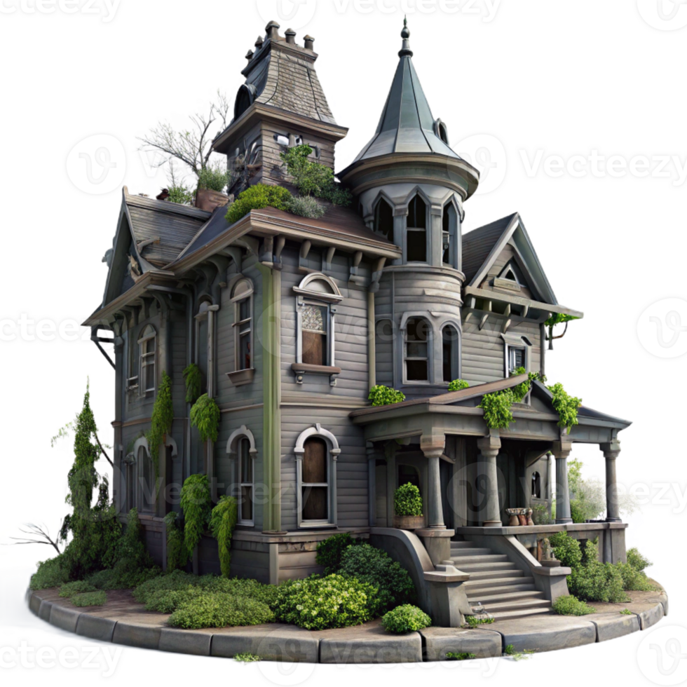 beautiful classic A dilapidated Victorian mansion with peeling paint and overgrown vines, eerie, atmospheric lighting, gothic horror style authentic png