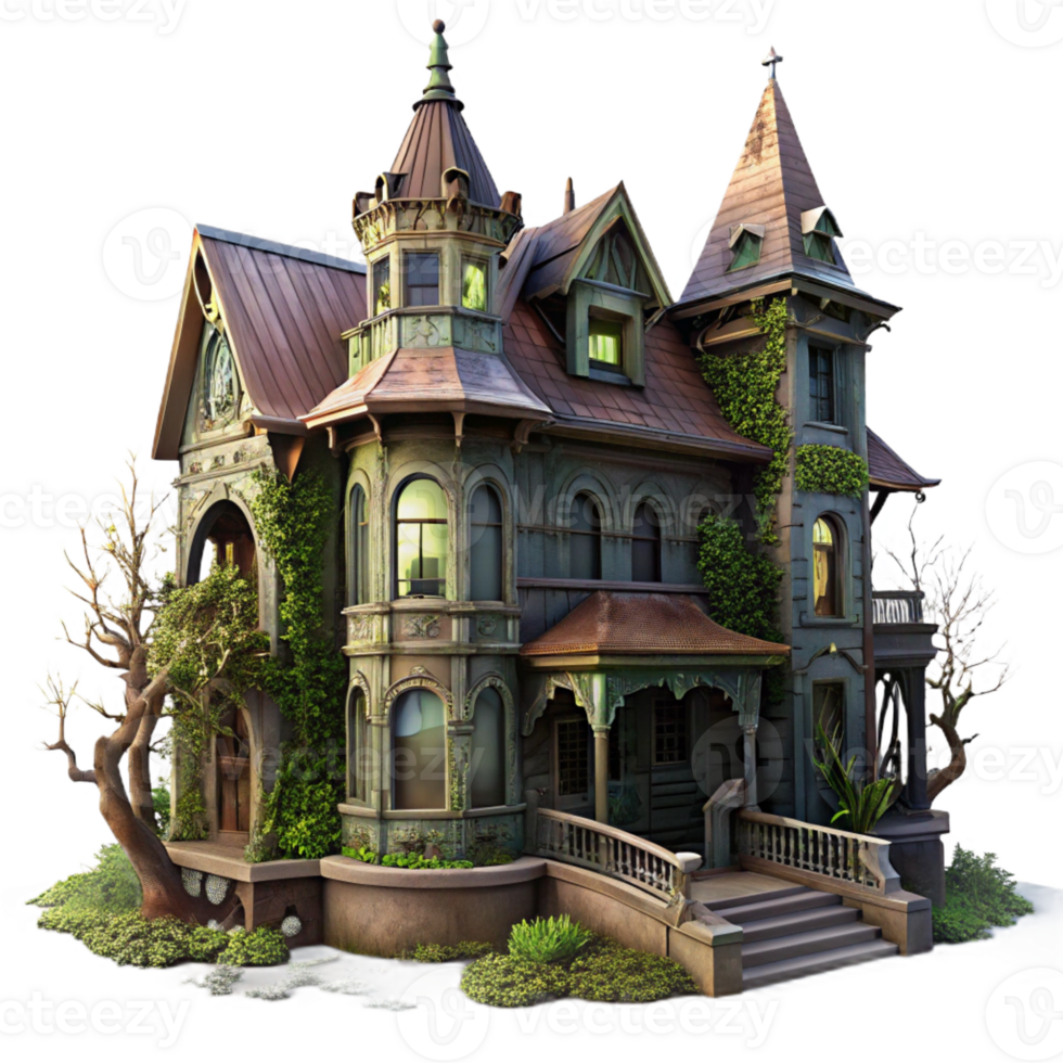 impressive creative A dilapidated Victorian mansion with peeling paint and overgrown vines, eerie, atmospheric lighting, gothic horror style detailed png