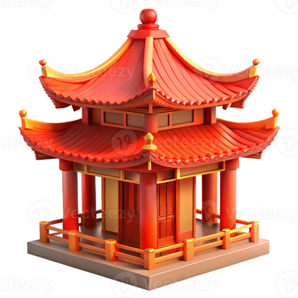 stunning vintage A traditional Chinese pagoda with intricate carvings and vibrant red paint, warm, sunset lighting, oriental style original png